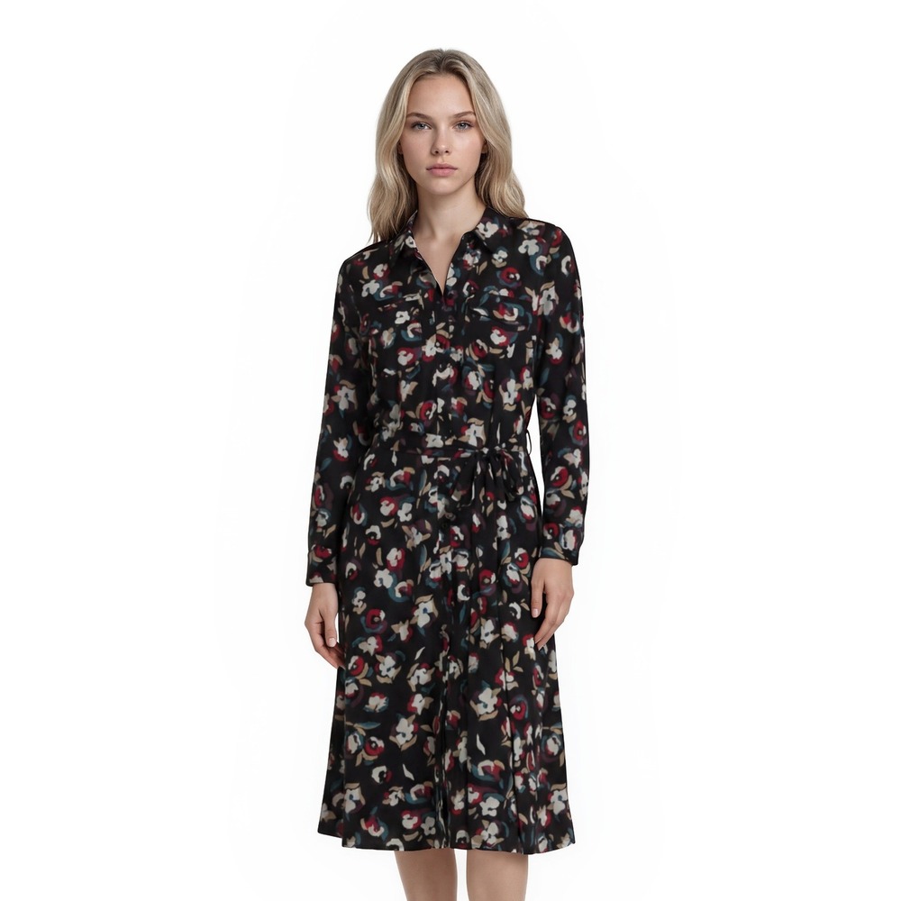 Alfani Black Floral Print Midi Shirt Dress